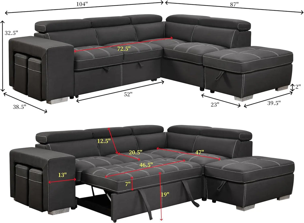 Microfiber Sectional Sleeper Sofa Couch Pull Out Bed with Right Facing Chaise, 5 Seats L Shaped Sectional Sofa Couch