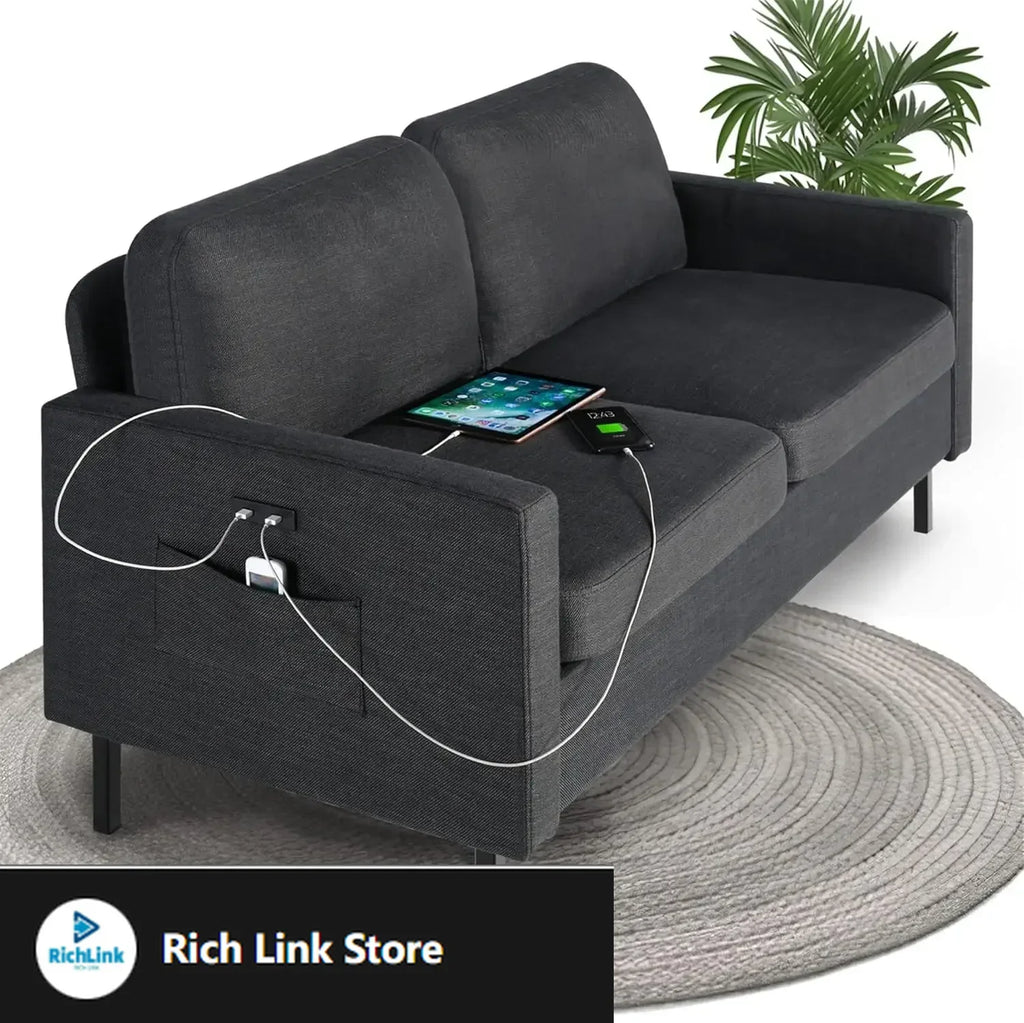56" W Fabric Loveseat Sofa with 2 USB, Small Couches for Living Room, Bedroom, Office, Easy Assembly & Comfy Cushion, Dark Grey