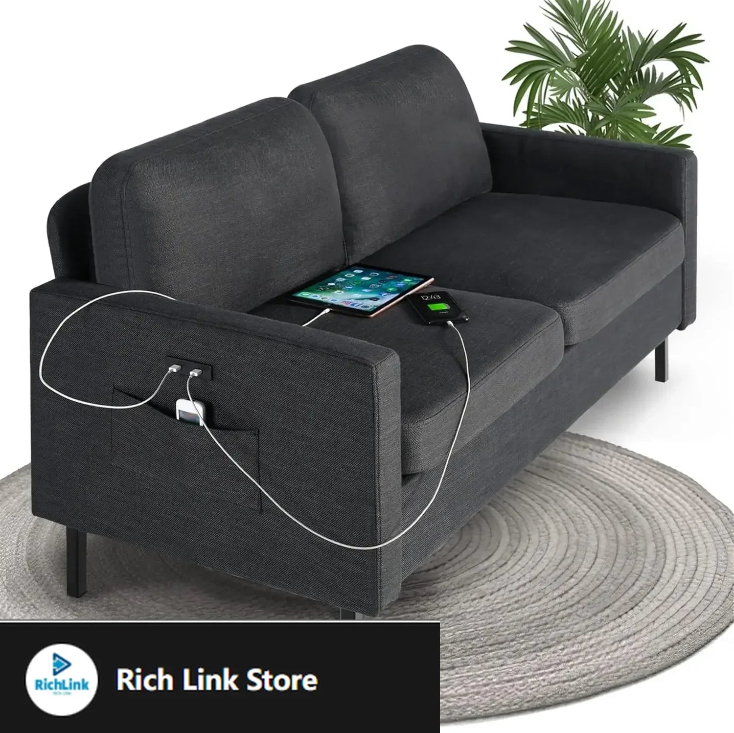 56" W Fabric Loveseat Sofa with 2 USB, Small Couches for Living Room, Bedroom, Office, Easy Assembly & Comfy Cushion, Dark Grey