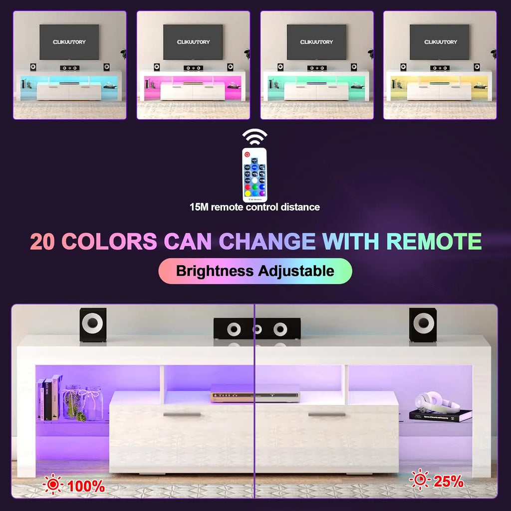 Modern LED 63" Long TV Stand With Large Storage Drawer For 50 55 60 65 70 75" TVs, White Wood TV Console