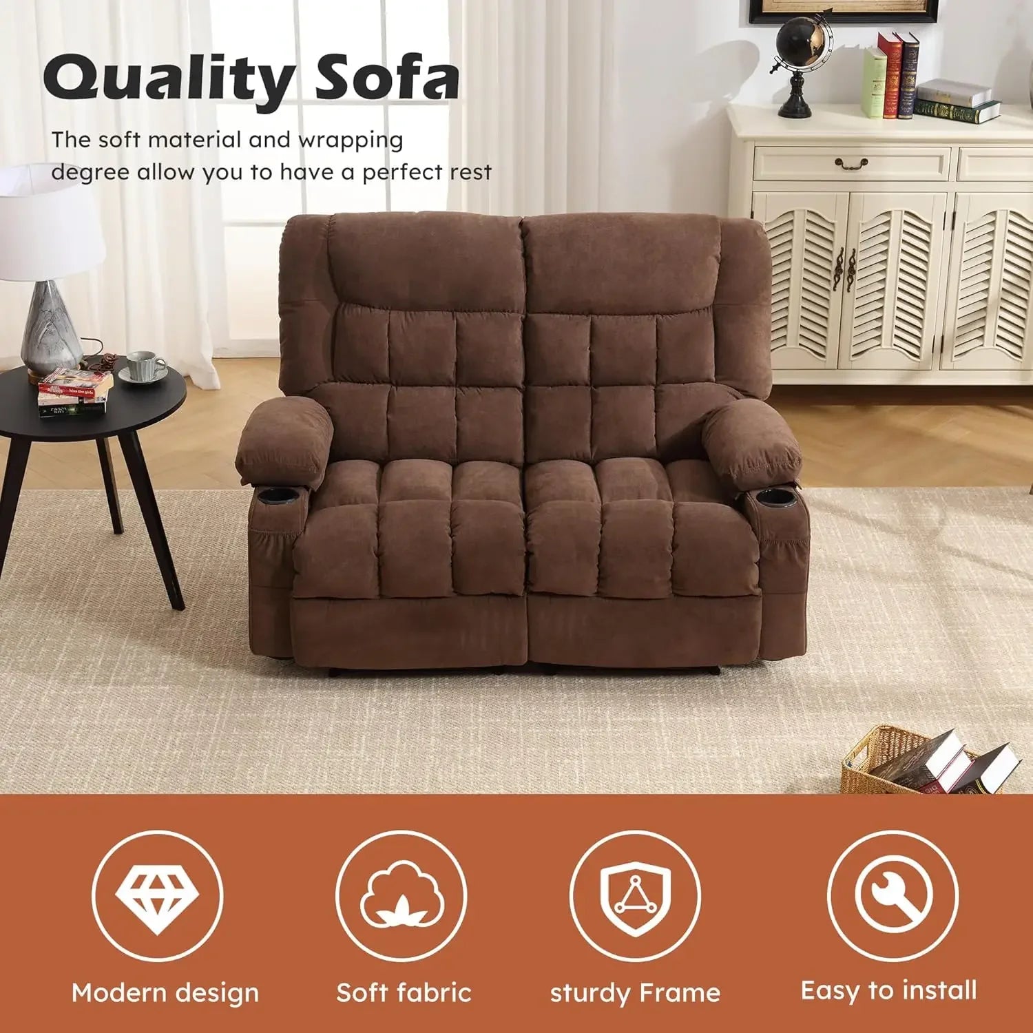 Reclining Loveseat with Cup Holders for Living Room 2 Seat Manual Loveseat Recliner with Side Pocket