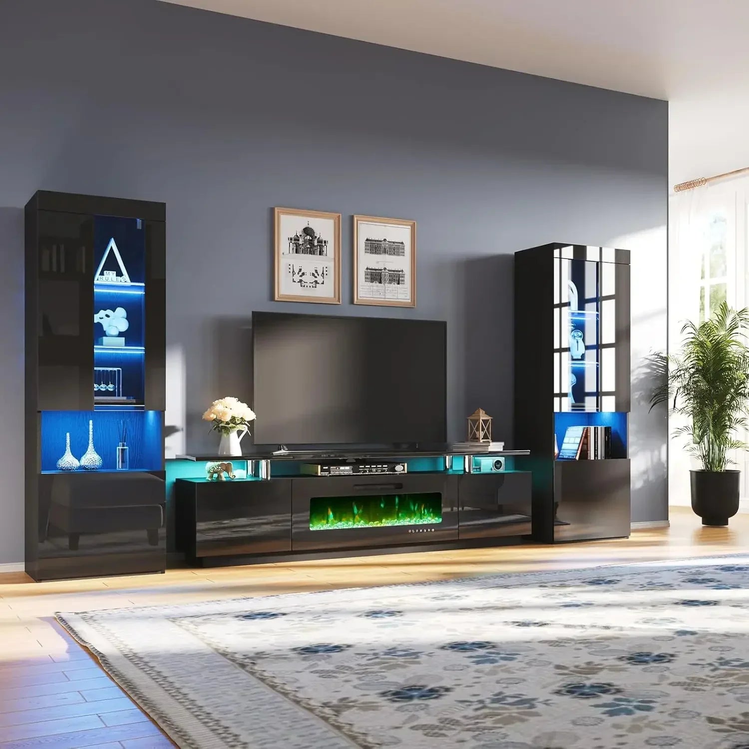 Entertainment Center with Fireplace and Bookcases, Fireplace TV Stand with 40" Fireplace, LED Lights & Glass Doors