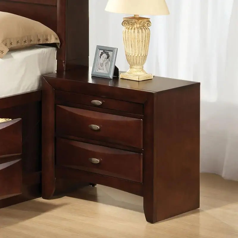 Contemporary Queen Bed Set with 2 Nightstands, Headboard, and Bookcase - Cherry Finish