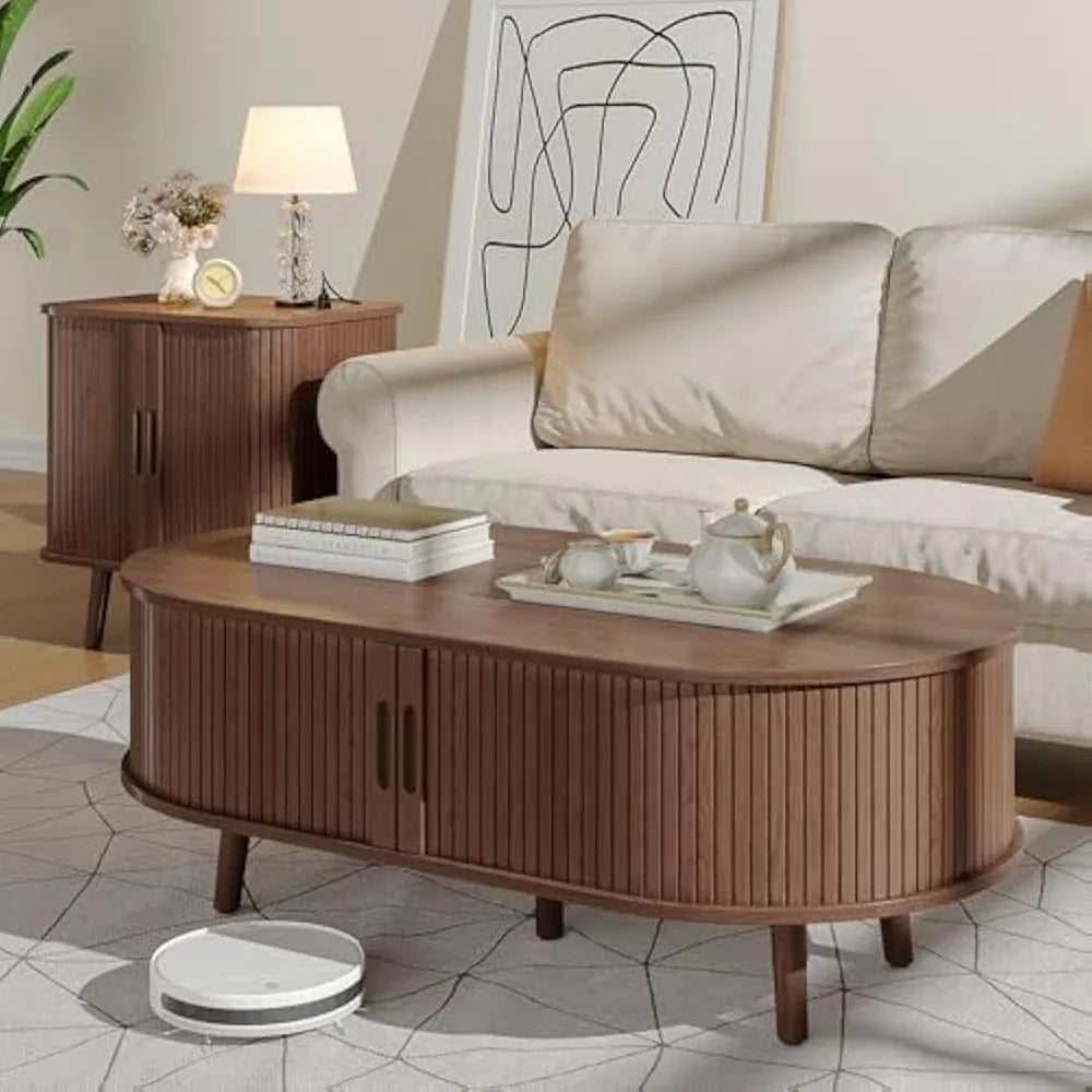Oval Coffee Table, Mid Century Modern Coffee Table with Sliding Tambour Door, Fluted Center Table with Hidden Storage, Curved