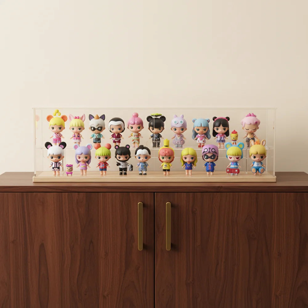 60cm Long Clear Acrylic Blind Box Display Case Solid Wood Base 2/3 Tiers Removable Shelves Dustproof Figurine Action Figure Organizer Showcase Cabinet with Magnetic Front Door for Pop Mart Collectibles Home Decor