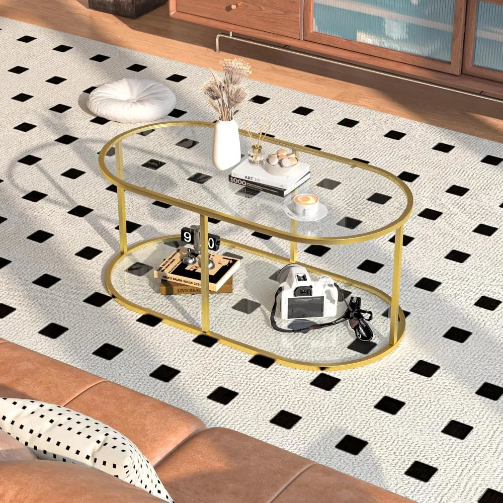 Gold Glass Coffee Table for Living Room, 2 Tiers Oval Center Table with Sturdy Metal Frame, Modern Tempered Glass Accent