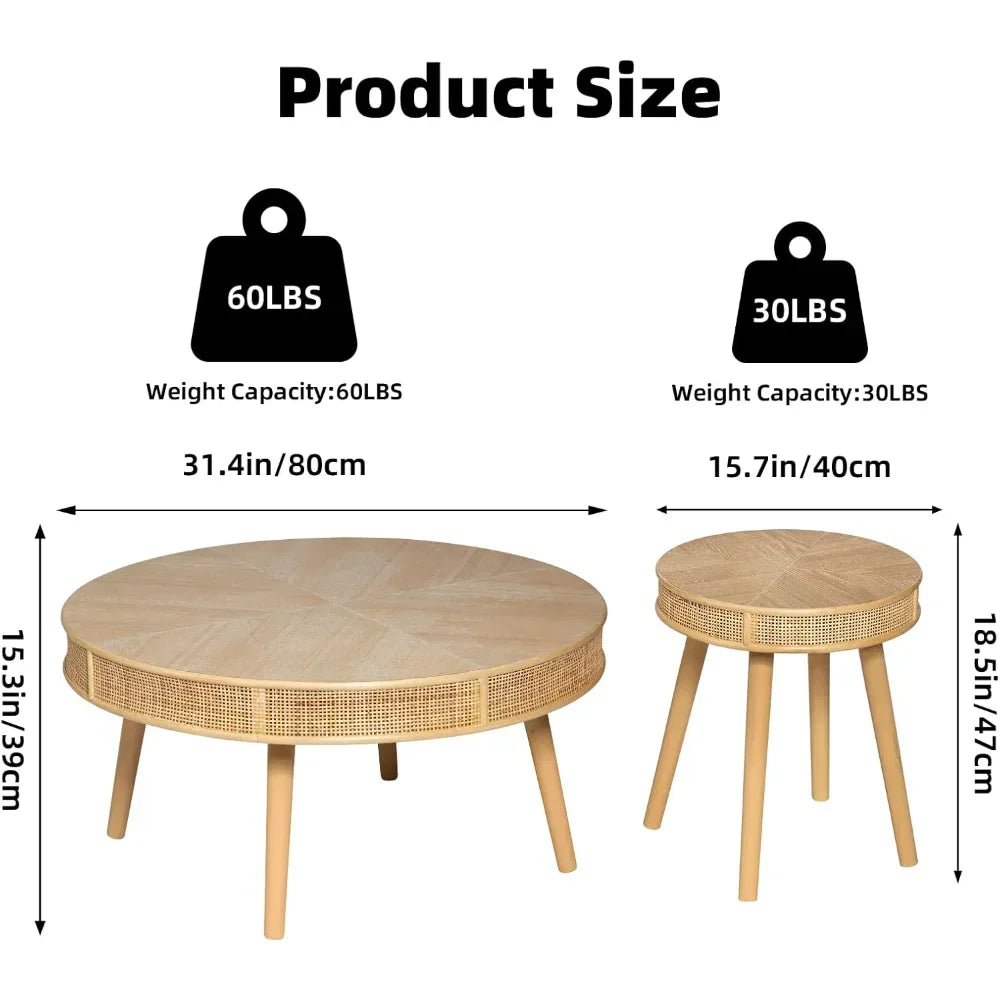 2-Piece Modern Rustic Coffee Table Set Solid Wood Finish Sofa Side Tea Tables with Crafted Rattan End Table