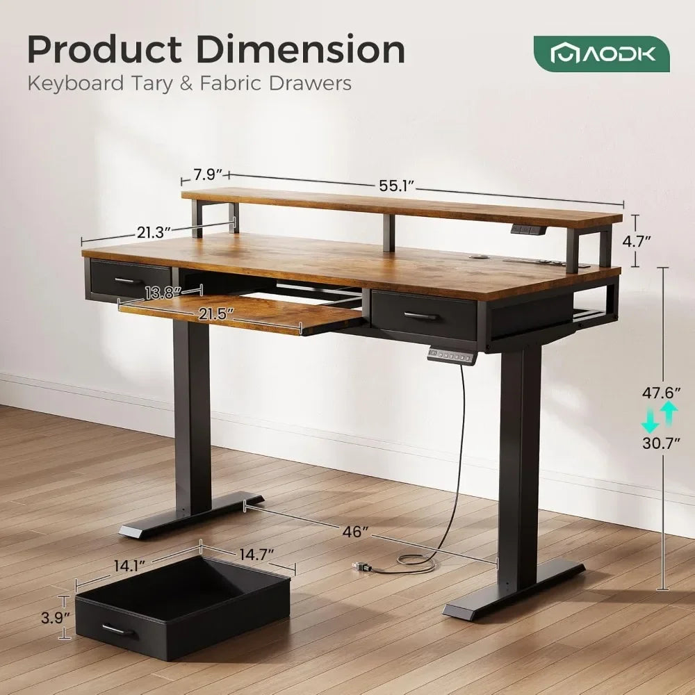 Electric Standing Desk with Drawers & Keyboard Tray, 55" Height Adjustable Gaming Desk with Power Outlets & LED Lights