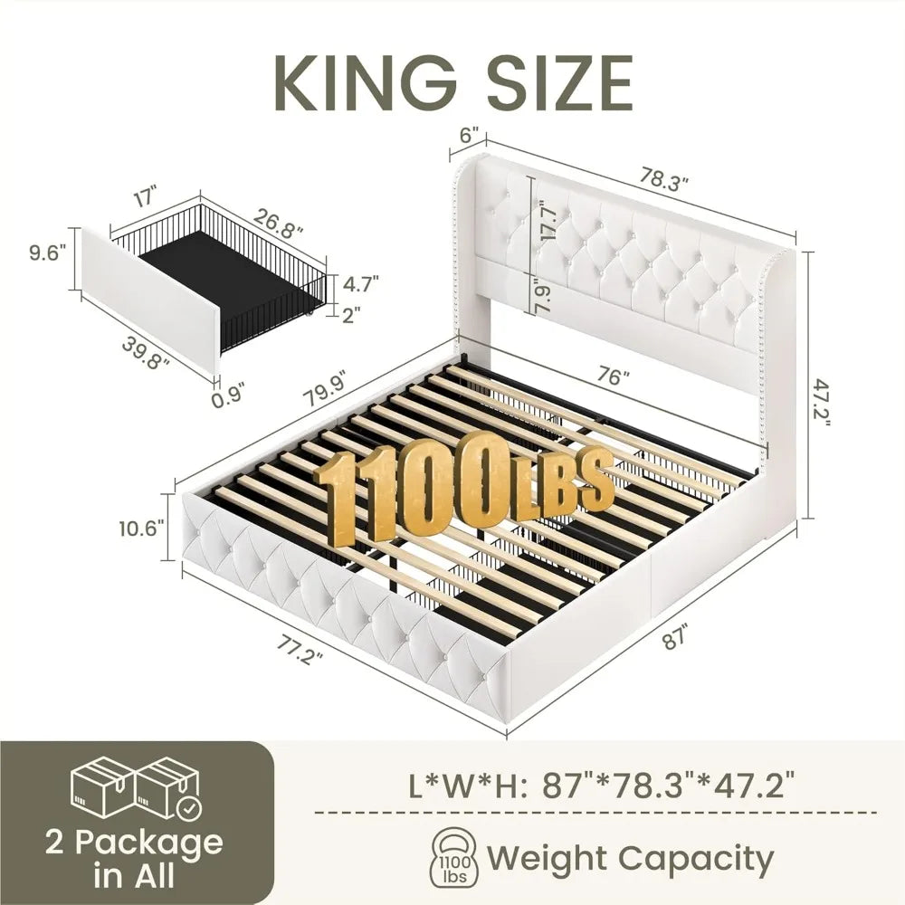 King Size Bed Frame with 4 Storage Drawers and Tufted Velvet Wingback Headboard/ Upholstered Platform Bed Frame
