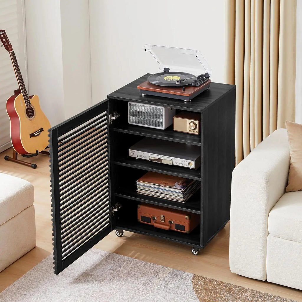 Tier AV Media Cabinet & Adjustable Shelves, Modern Wooden Stereo Rack , Audio Video Stand (Black)