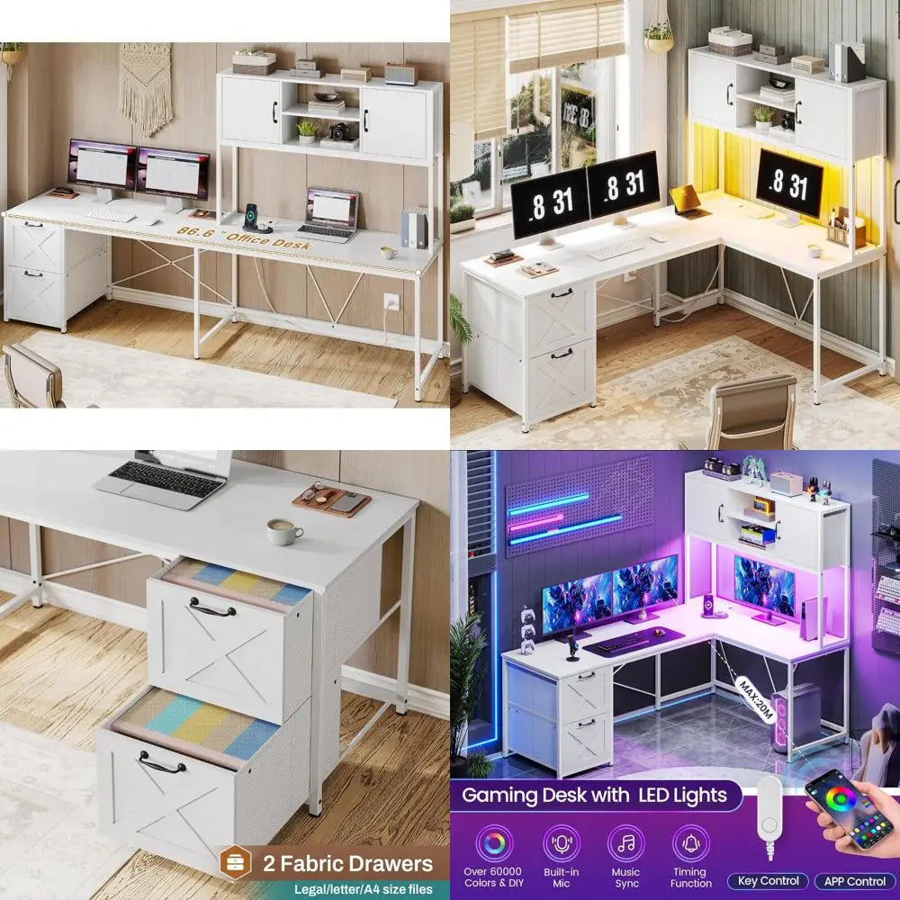 Contemporary White L-Shaped Desk for Home Office, Farmhouse Style with Fabric Drawers and Built-In Power Outlet, LED Lit