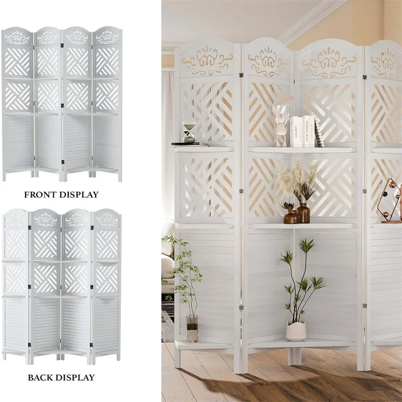 4 Panels Room Divider with Shelves, 5.75ft Tall Folding Wood Carved Screen