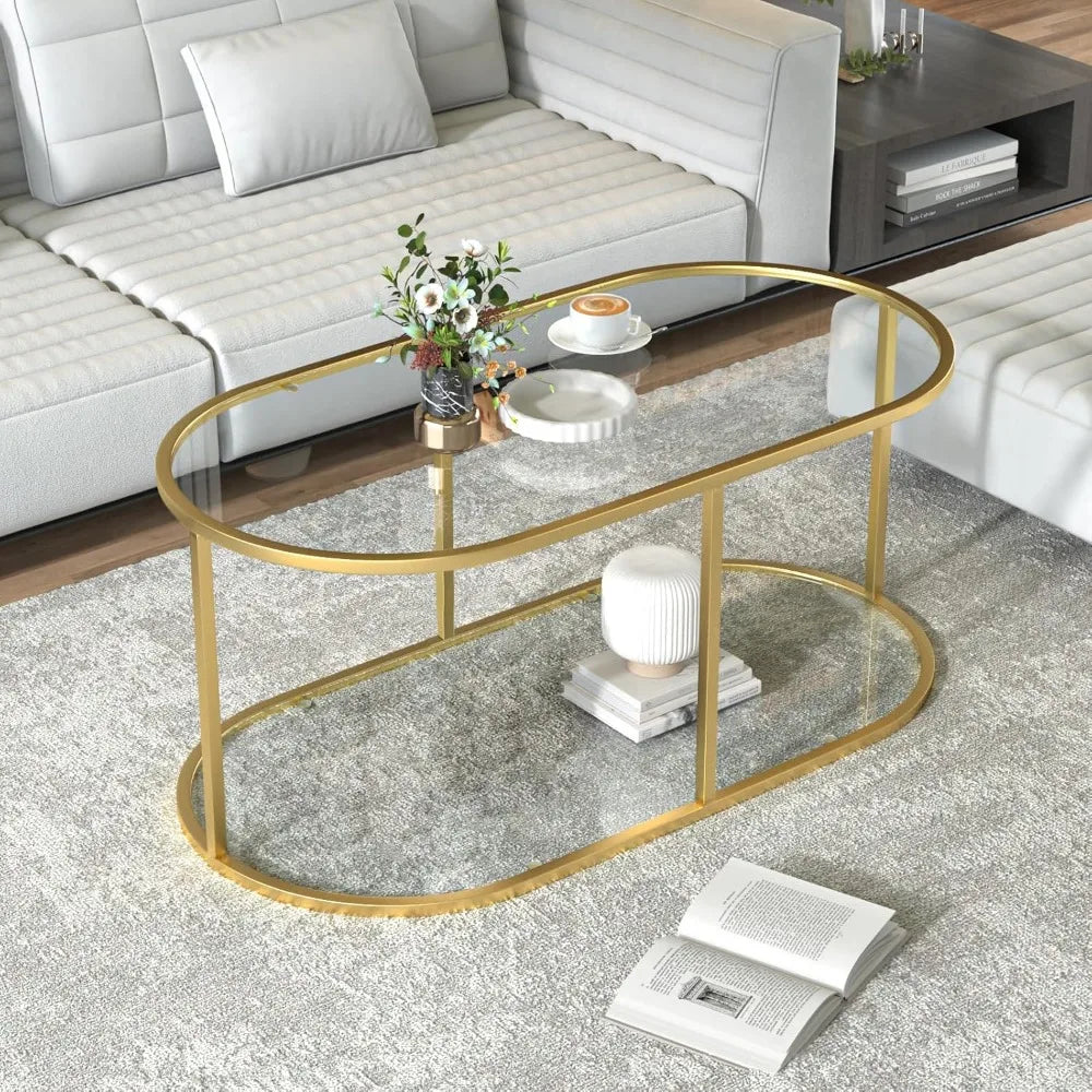 Gold Glass Coffee Table for Living Room, 2 Tiers Oval Center Table with Sturdy Metal Frame, Modern Tempered Glass Accent