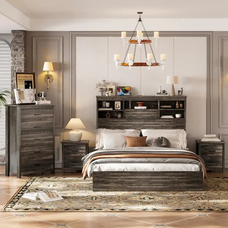 4-Piece Bedroom Set, Queen Bed Frame with Storage Headboard and Charging Station