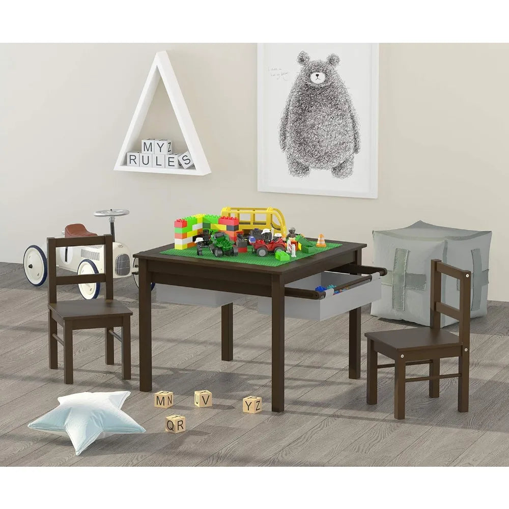 Wooden 2 in 1 Kids Construction Play Table and 2 Chairs Set with Storage Drawers, and Built in Plate for Lego and Dominos