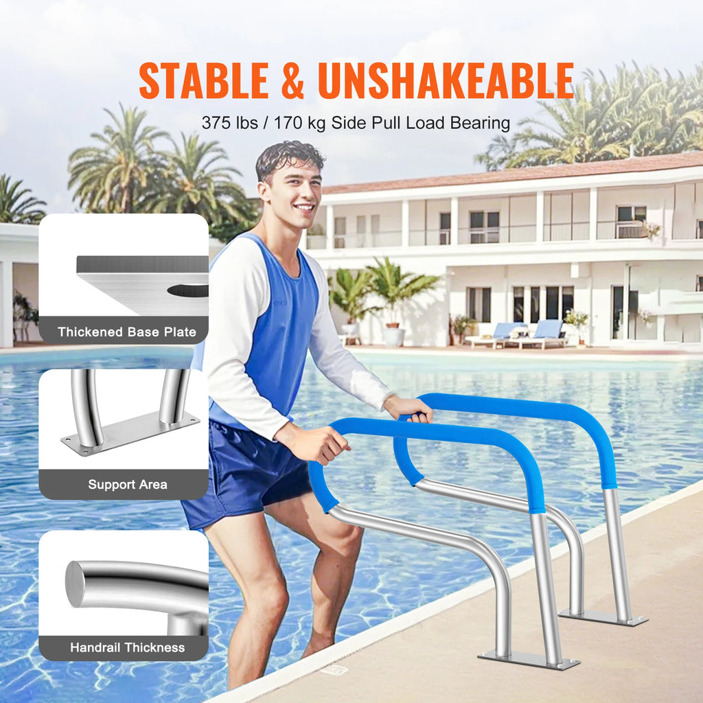 Pool Handrail Stainless Steel with Base Plate for Indoor/Outdoor Swimming Pool Safety Railing w/ Grip Cover for Decks