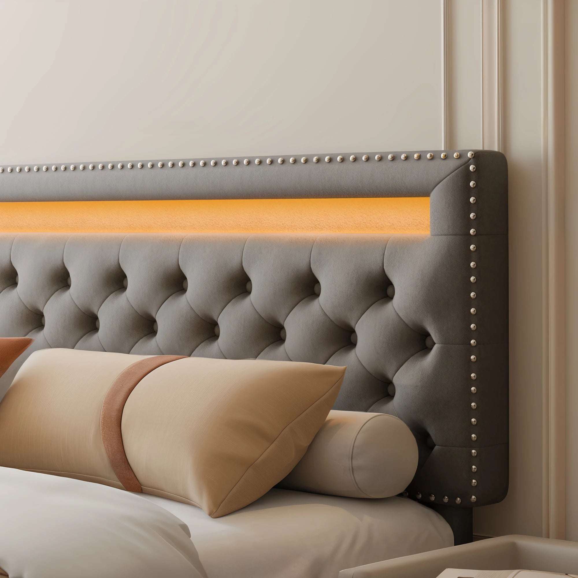 Full Size LED Bed Frame with Storage Drawers, RGBW Lights, Adjustable Headboard, No Box Spring, PU/Velvet Upholstered