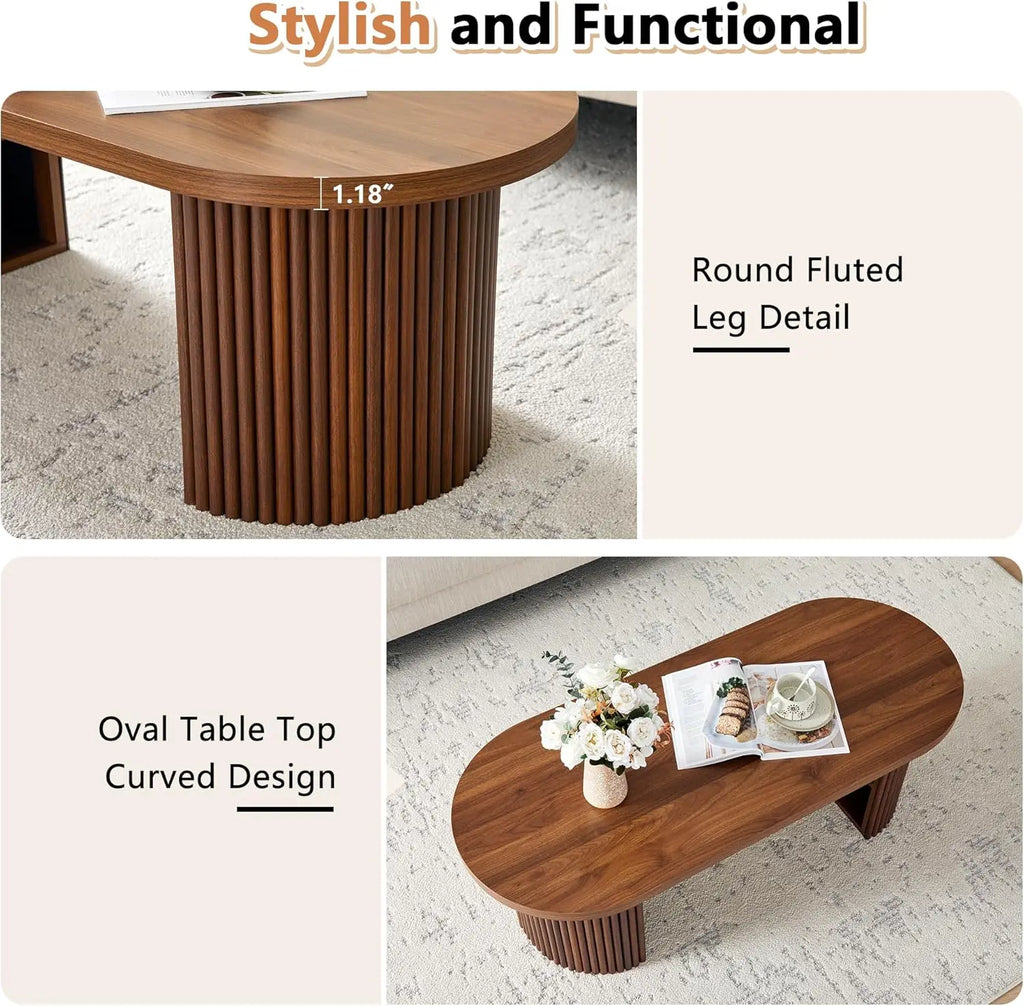 AVZEAR Oval Fluted Coffee Table for Living Room, Mid Century Modern Coffee Table with Storage, Curved Round Wooden Center Table