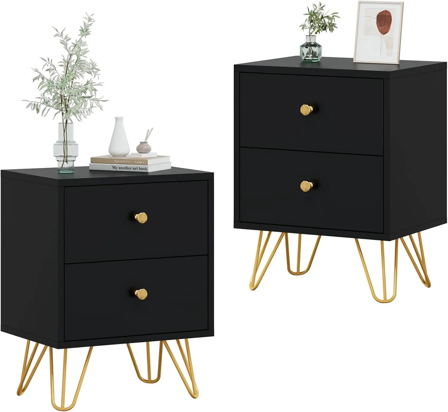 Nightstand Set of 2,, Bedside Table with 2 Drawers, Dual Night Stand Metal Legs and Knobs