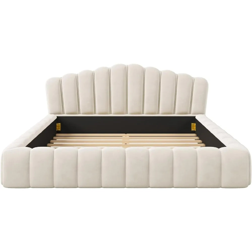 Queen Size Velvet Platform Bed Frame with Shell Headboard and All-Around Cushioning