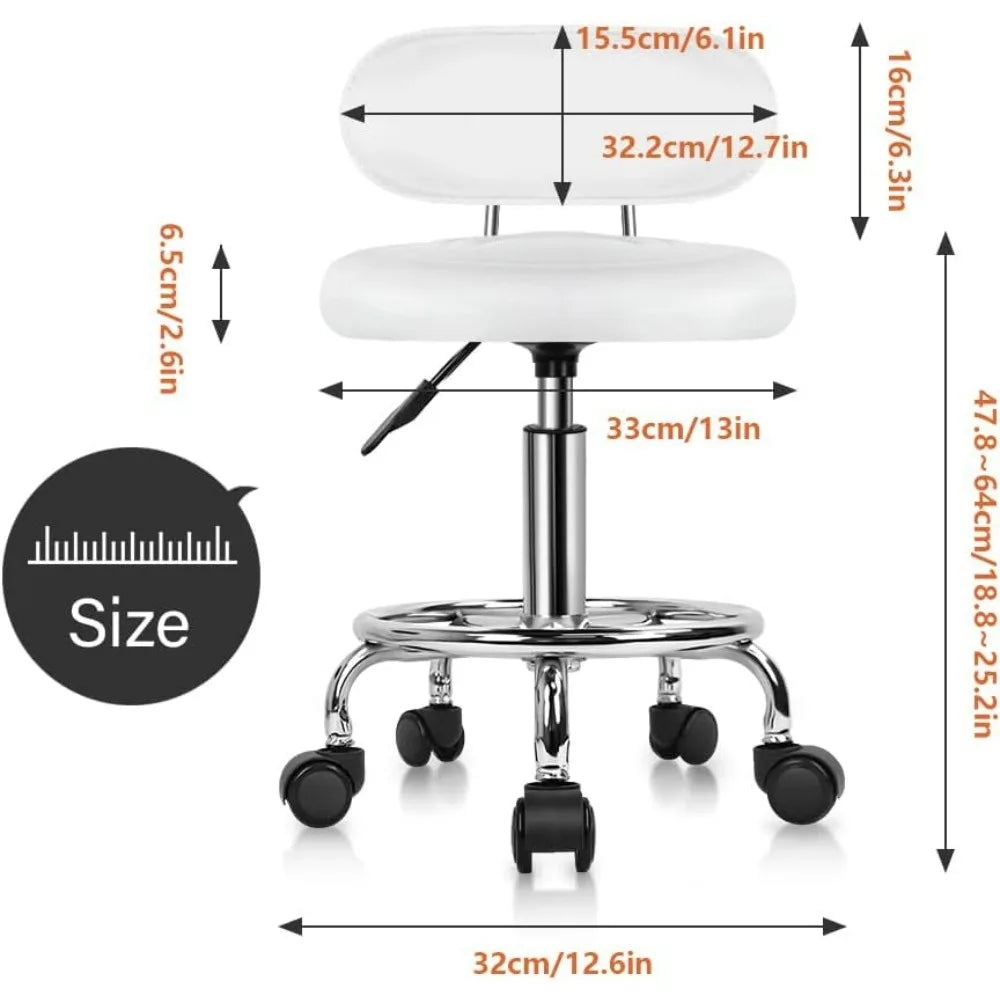 Modern PU Leather Rolling Swivel Chair with Adjustable Height and Footrest for Work, Salon, and Drafting (White)