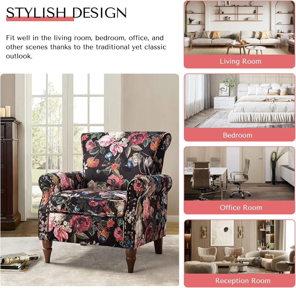 Modern Wingback Accent Chair with Wood Legs & Removable Cushion, Comfy Upholstered Armchair with Nail Head Trim