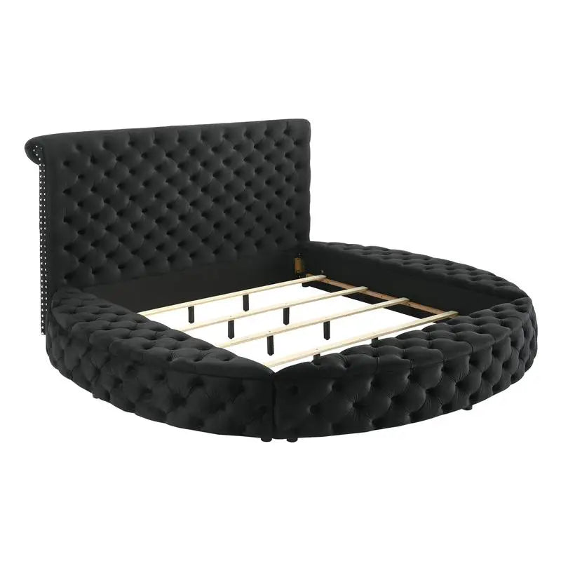 King Size Black Velvet Button-Tufted Storage Bed- 3pc Wooden Bedroom Furniture Set