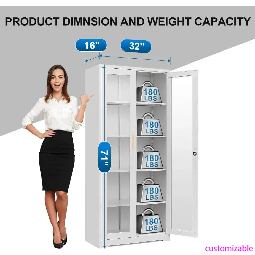 One 71" Display/Curio Cabinet with Glass Doors, with Lock, Metal Glass Display Case for Collectibles