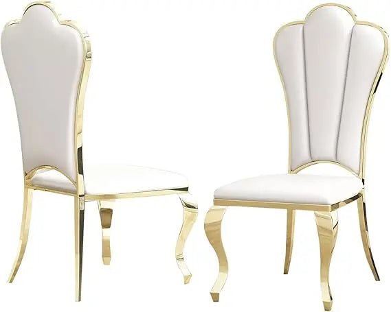 Modern Leather Dining Chairs Set of 2, Elegant Shell Shape Comfy Upholstered Dining Room Chairs w/Unique High Backrest Stainless