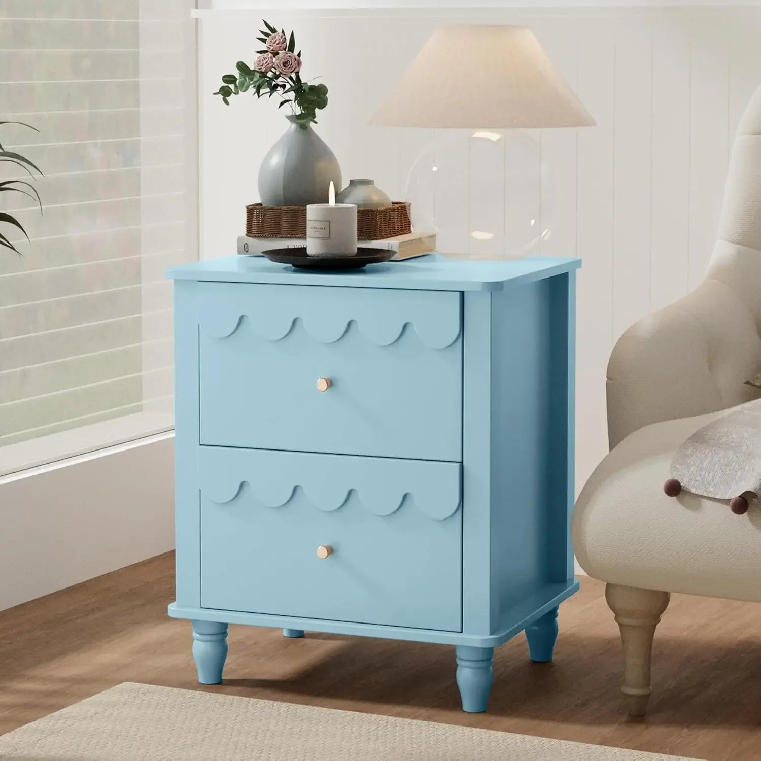 Nightstand Side End Table with 2 Drawers, Modern Wood with Petal Pattern for Bedroom