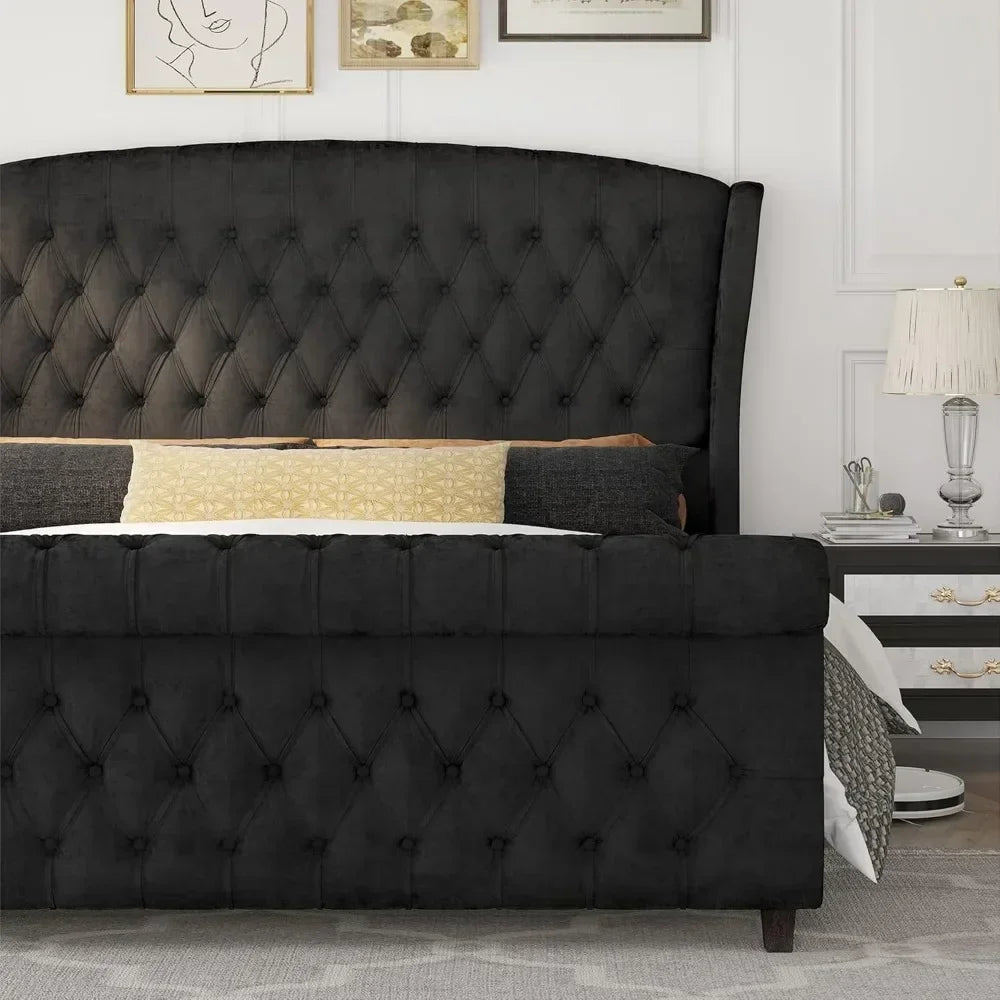 King Size Platform Bed Frame, Velvet Tufted Upholstered Sleigh Bed with Scroll Wingback Headboard & Footboard