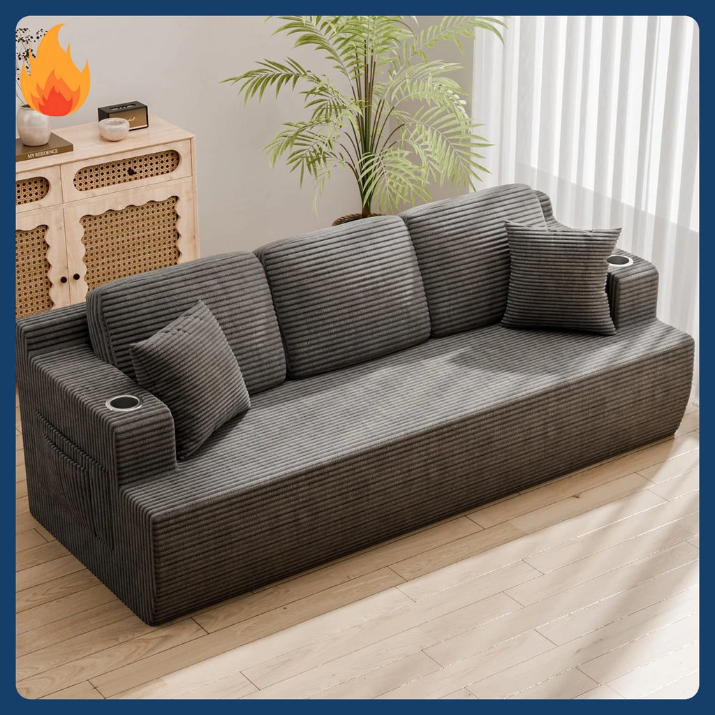 87” Boneless Sofa Couch with 2 Pillows Extra Deep Seats, Corduroy Fabric 3 Seater Sofa for Living Room with Cup Holder