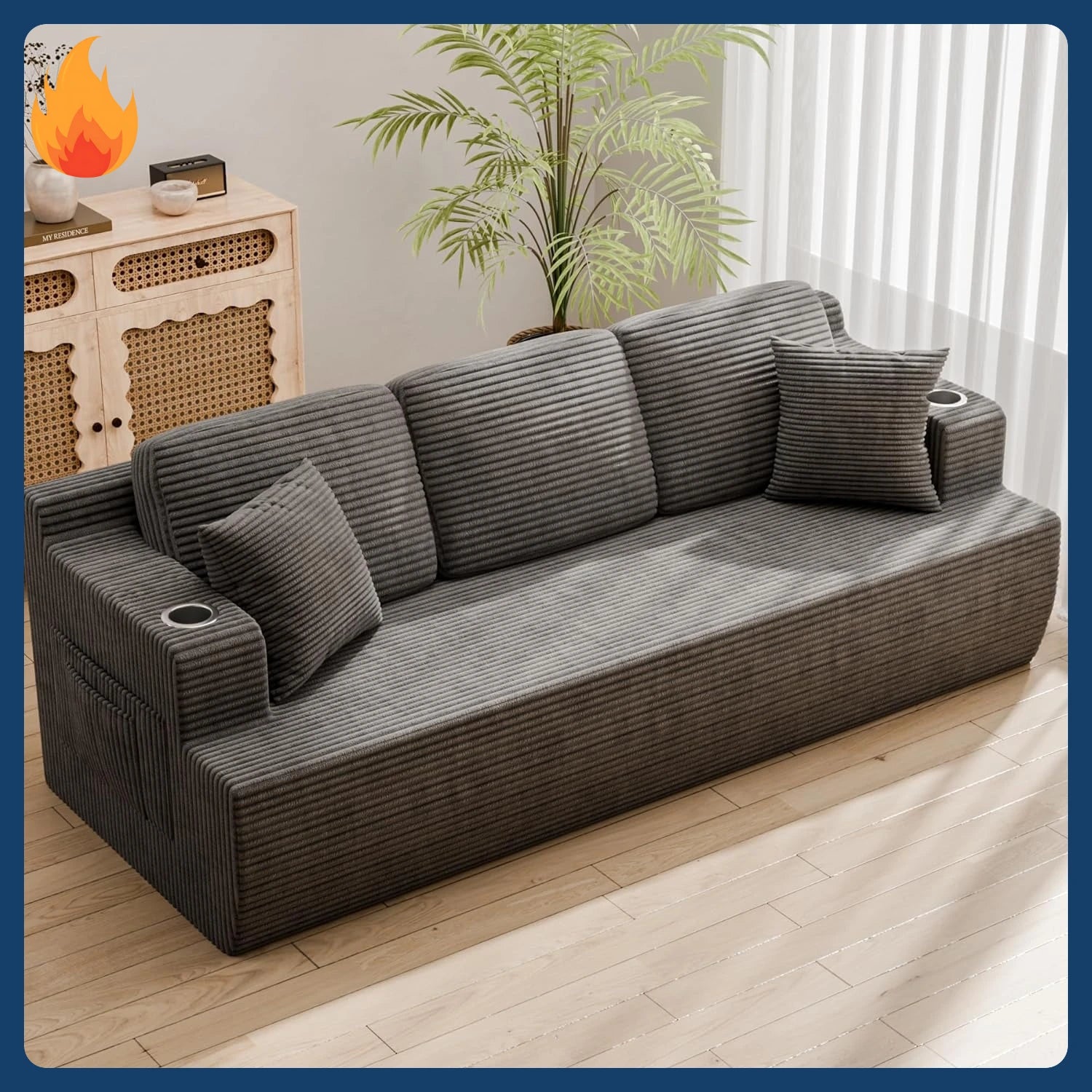 87” Boneless Sofa Couch with 2 Pillows Extra Deep Seats, Corduroy Fabric 3 Seater Sofa for Living Room with Cup Holder