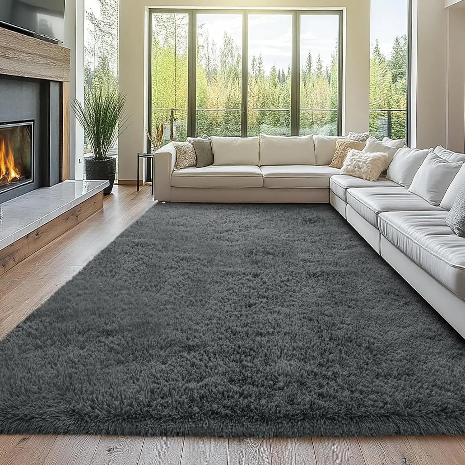 Large Shaggy Grey Area Rug 10'x14' - Super Soft Fluffy Carpet for Living Room, Bedroom, Non-Slip Memory Foam