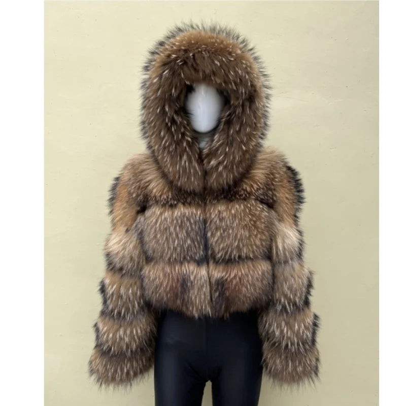 BEIZIRU Women's Short Real Raccoon Fur Coat/ Winter/ Long Sleeve Hooded/ Natural Luxury Thick Jacket for Fashionable Cold Weather
