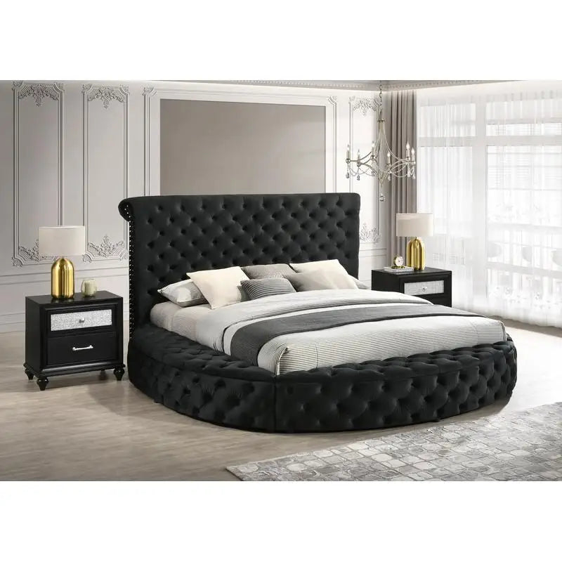 King Size Black Velvet Button-Tufted Storage Bed- 3pc Wooden Bedroom Furniture Set