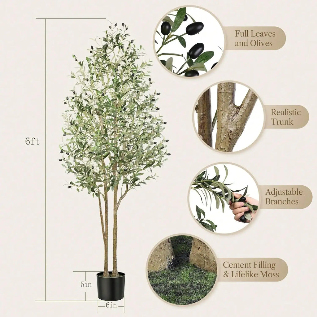 Artificial Olive Tree - 5-7ft (60-84in) Realistic Silk Plant with Natural Wood Trunk and Lifelike Fruit
