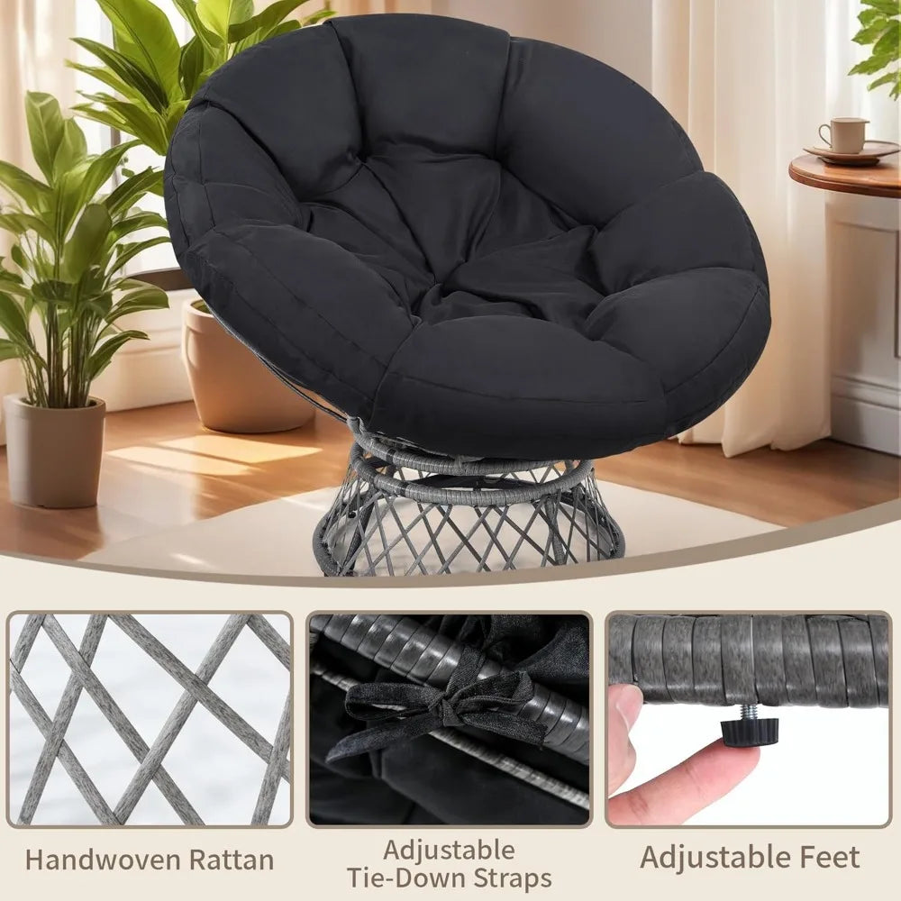 Adult-Sized Rattan Papasan Chair with Cushion, 360° Swivel, Waterproof, Grey and Black Frame