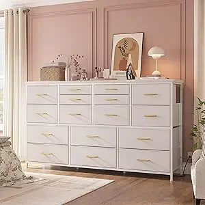 Dresser TV Stand with Power Outlets for 60" TV Stand for Bedroom White Dresser for Bedroom with 16 Drawers, Entertainment Center