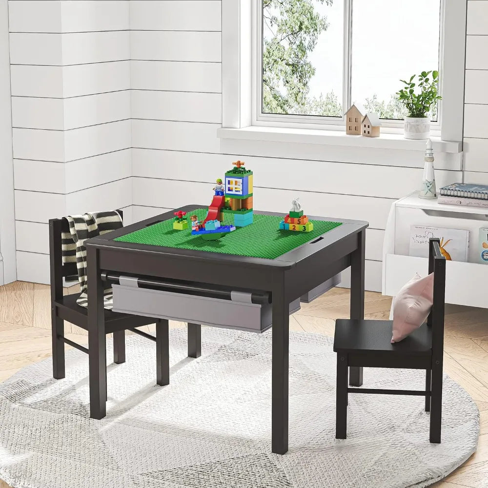 Wooden 2 in 1 Kids Construction Play Table and 2 Chairs Set with Storage Drawers, and Built in Plate for Lego and Dominos