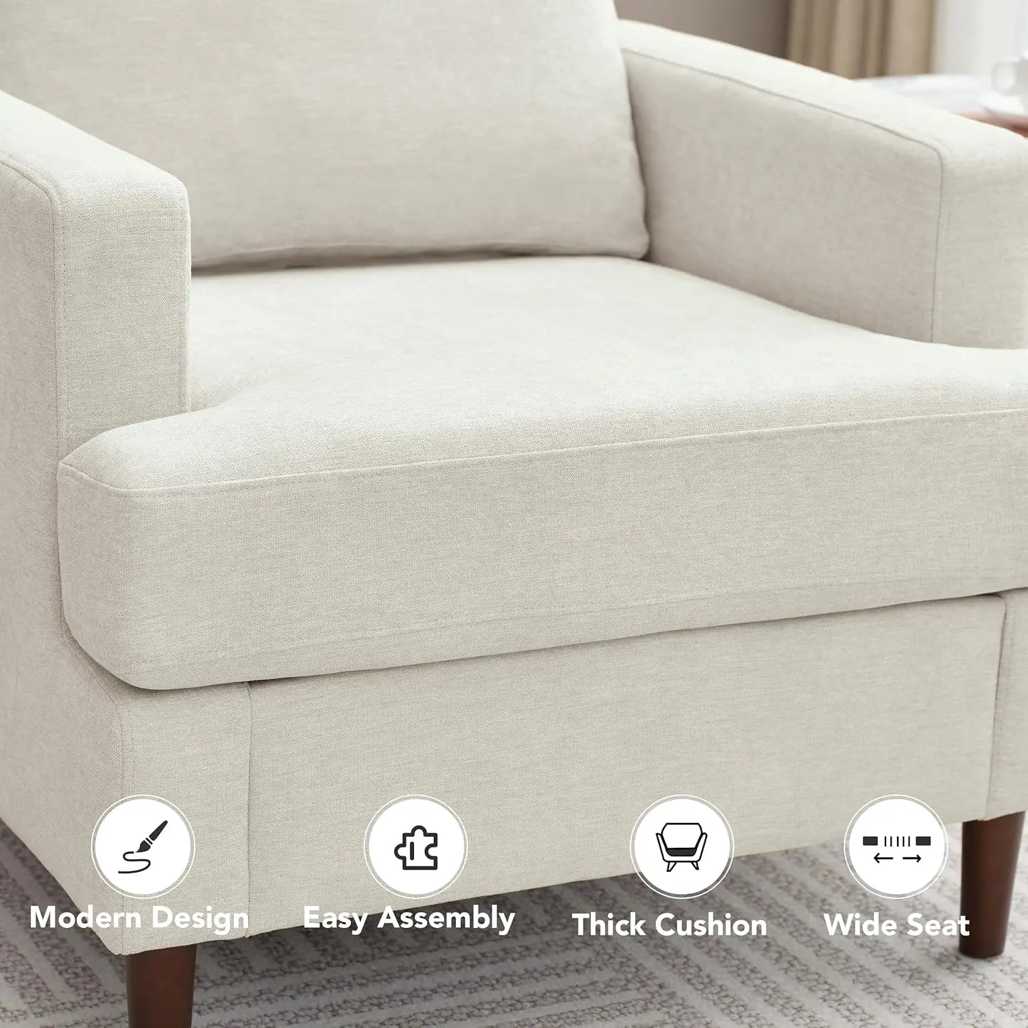 Mid-Century Accent Chair, Modern Linen Fabric Armchair for Living Room, Comfy Upholstered Reading Accent Chair(Beige, 1 Pack)