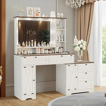 Expansive Makeup Vanity Table with Tri-Color Lighting and Ample Storage Featuring 5 Generous Drawers