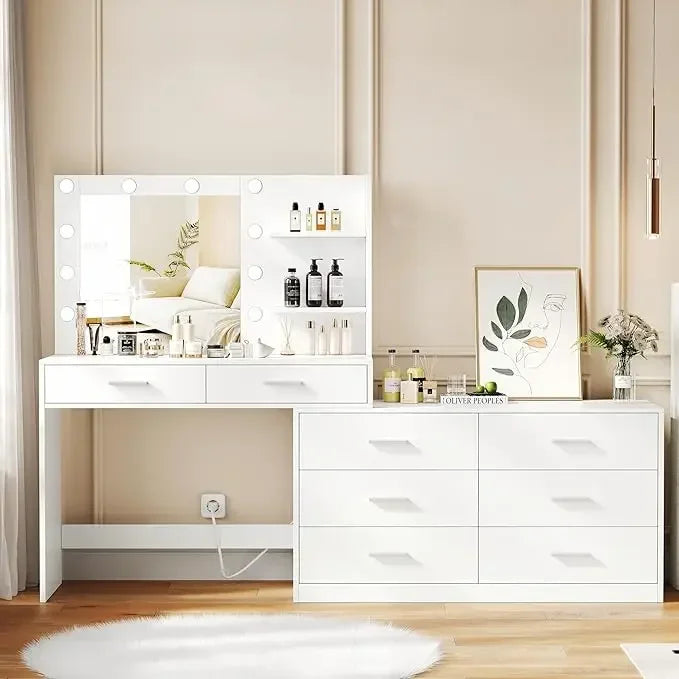 65-inch Vanity Desk with Luminated Mirror and 8-Drawer Storage Makeup Table