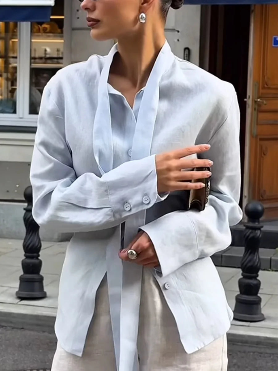 New Autumn Tie Belted Shirt Women's  Floating Ribbon Cardigan Top Commuting 100% Cotton Slim Blouse