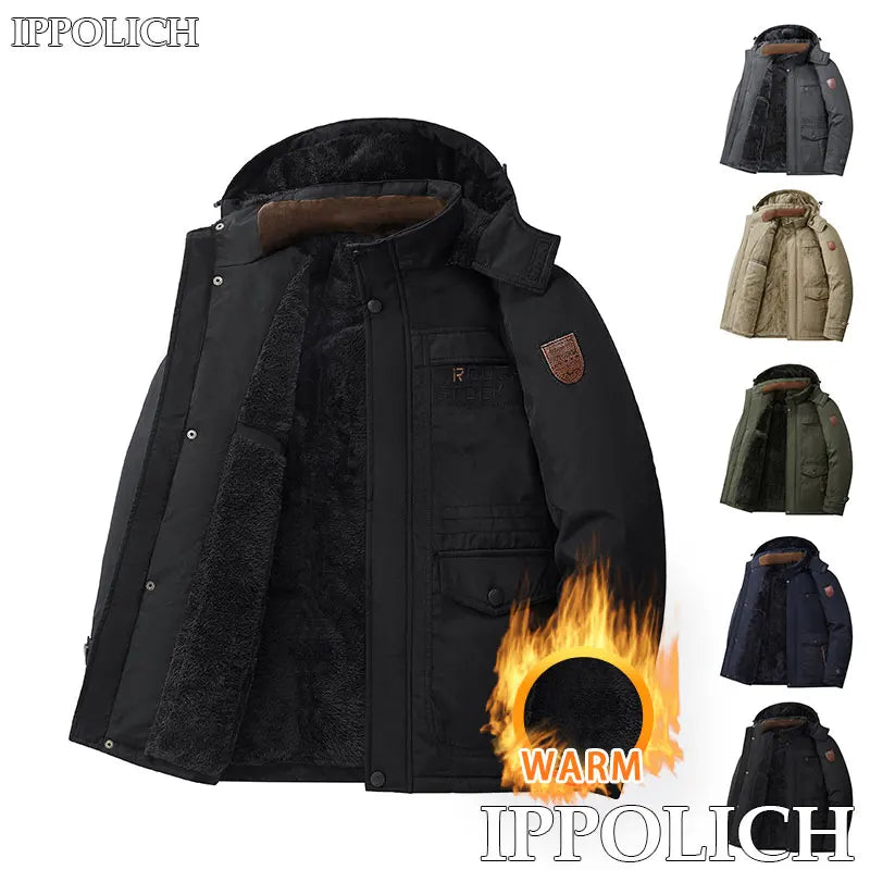 Thick Coat Winter/ Outdoor Running/ Sports/ Windproof/ Warm Fleece Hooded Cargo Jacket/ Men Removable Hood/ Thick, Warm Fleece Jacket