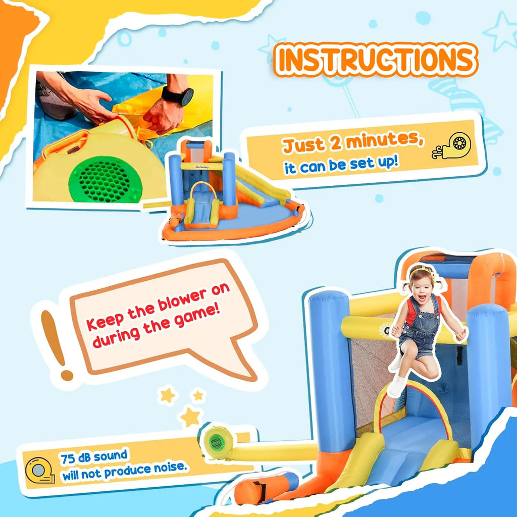 5-in-1 Inflatable Water Park for Kids - Bounce House with Water Slide, Pool, Climbing Wall, Water Cannon, Dual Slides, Trampoline & Air Blower for Indoor/Outdoor Backyard Fun