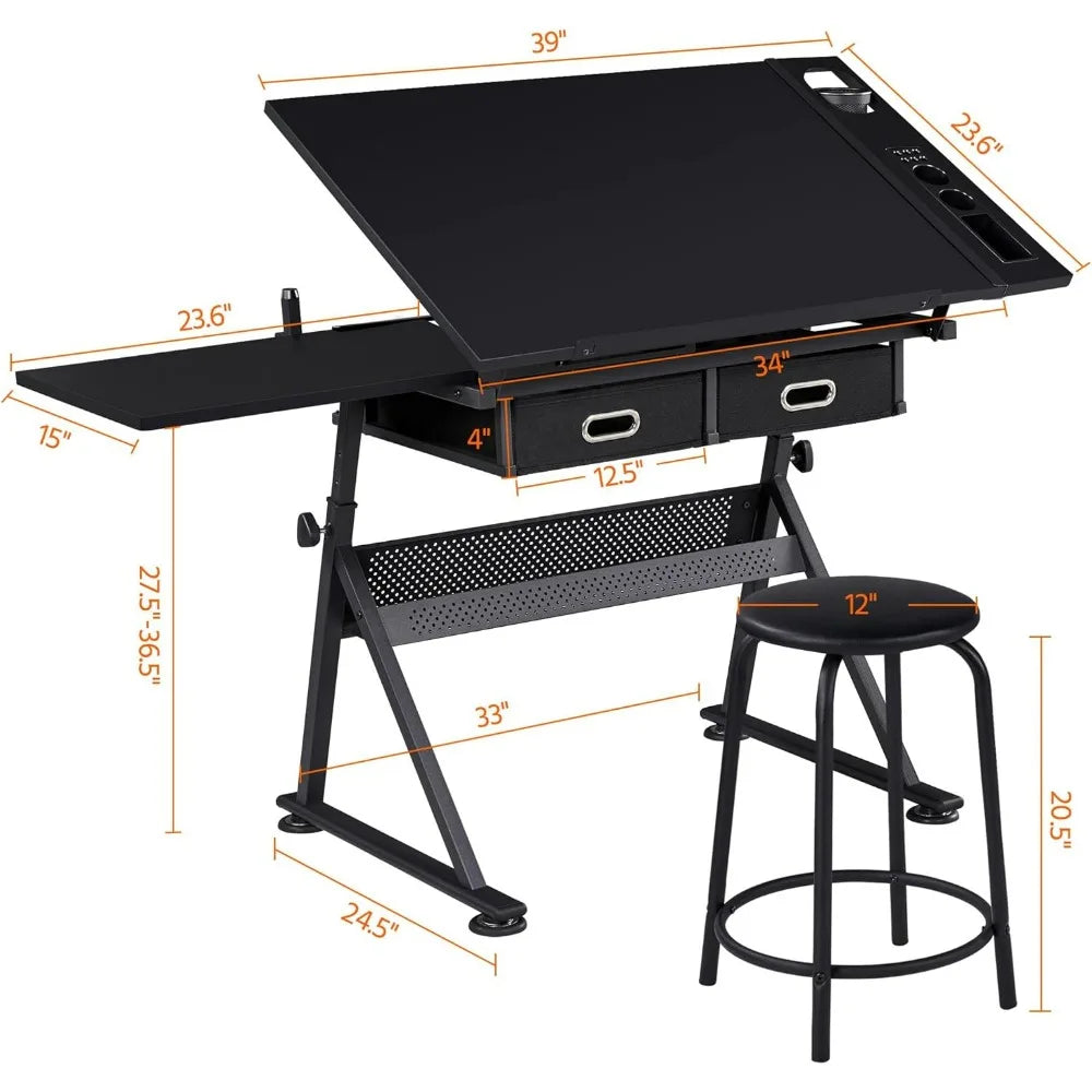 Height Adjustable Art and Craft Table with Tilting Tabletop, Stool, and Storage for Drafting and Workstation Use