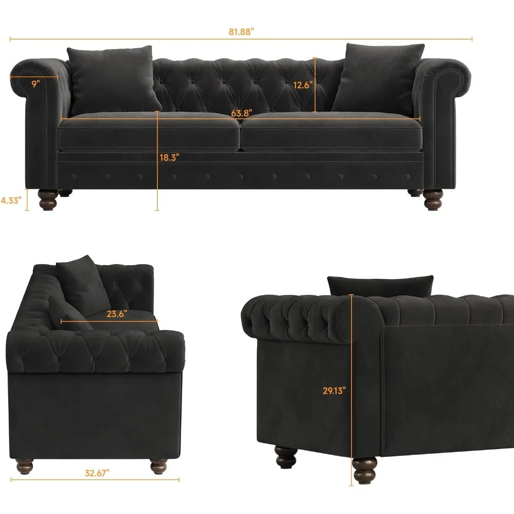 82 Inch Chesterfield Sofa, 23 Inch Deep Seat Velvet Couch for Living Room, Button Tufted Couch with Rolled Arms, 2 Throw Pillows