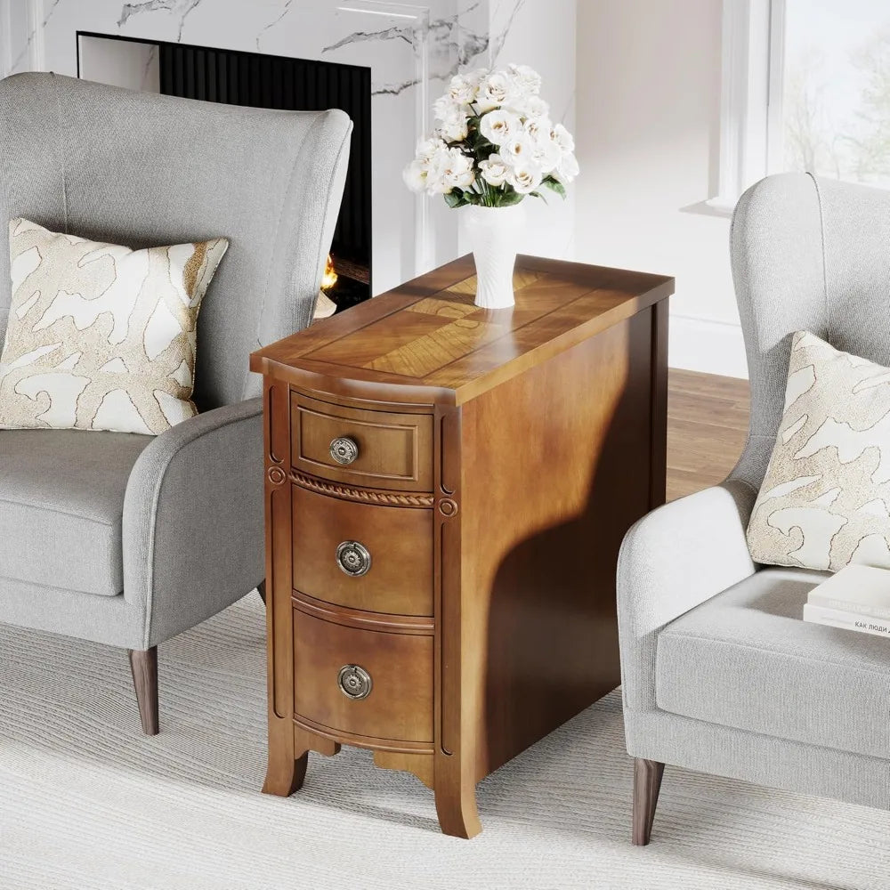 Solid Wood End Table, 3-Drawer Narrow Side Table Slim Chair Table for Living Room, Sofa Table with Drawers, Small Nightstand