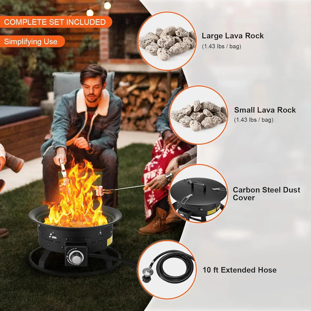 Portable Propane Fire Pit, 19-Inch Diameter Outdoor Gas Fire Pit with Cover & Lava Rocks, Adjustable Flame Height Camping